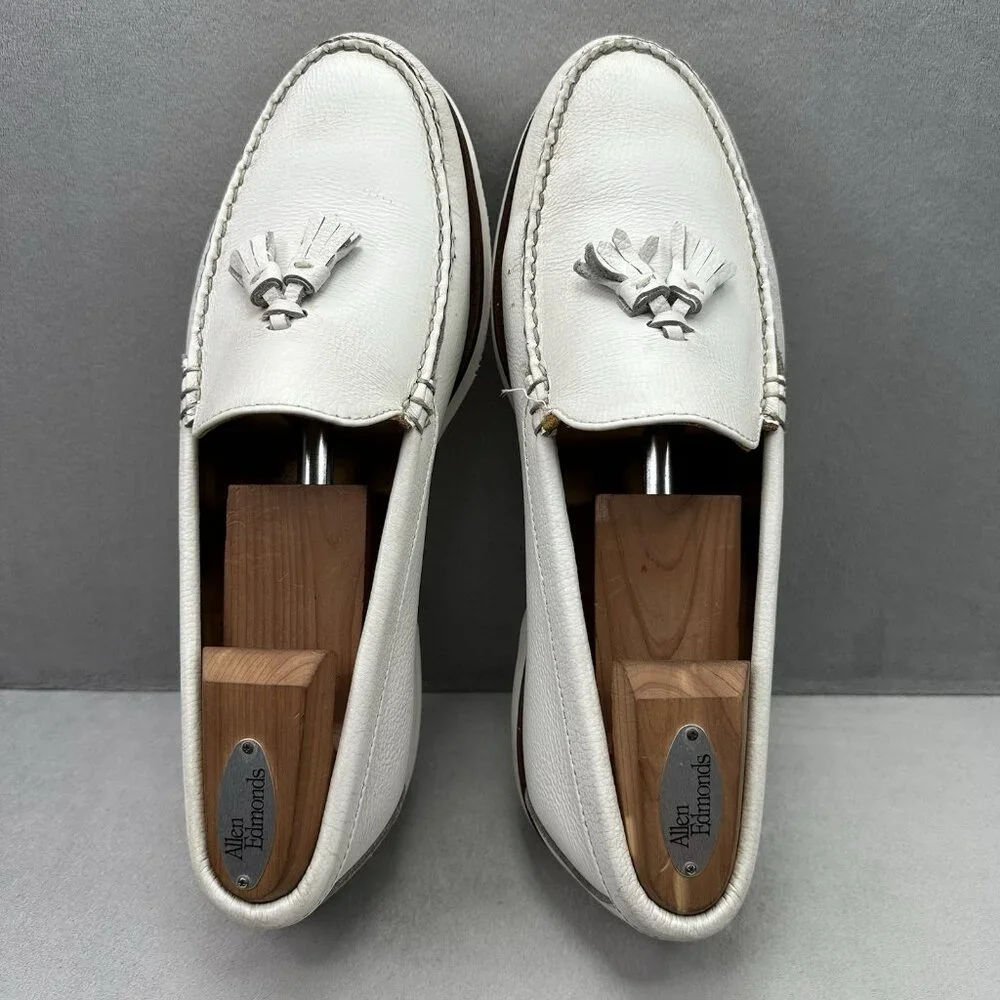 Maus & Hoffman 3196 Mens 9 (W) Tasseled White Leather Loafers Slip On Boat Shoes